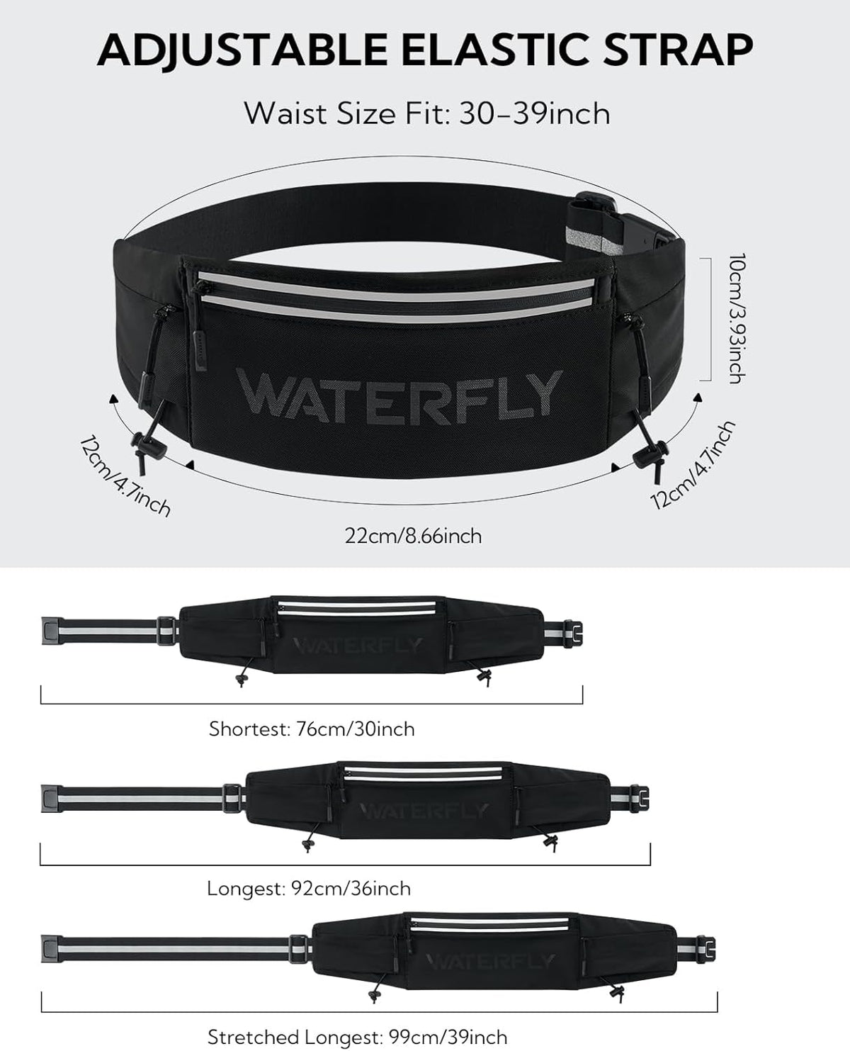 WATERFLY Running Belt - Breathable Fanny Pack with 3 Pockets for Fitness | Fits All Phones - Black