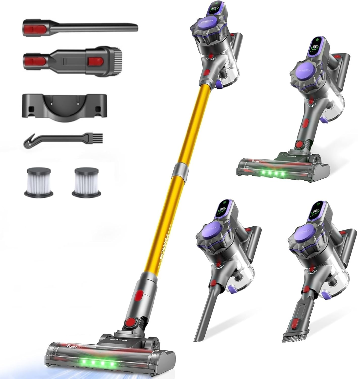 MONSGA Cordless Vacuum Cleaner, 45KPa 400W Stick Vacuum for Home, 50Mins Anti-Tangled Vacuum Cleaner with Charging Dock, Light-weighted Handheld Vacuum for Pet Hair/Carpet/Floor, LED Touch Display,MV3