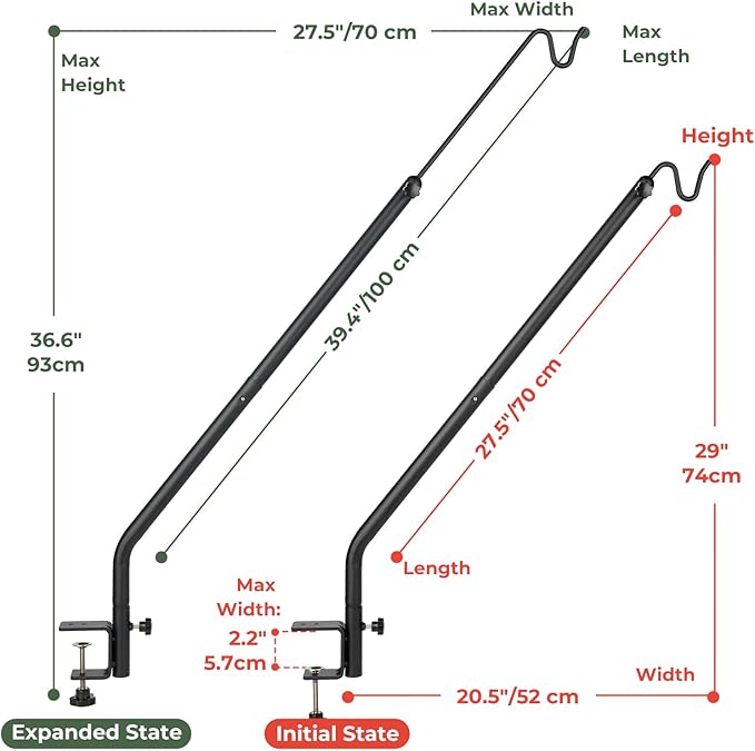 Kingsyard Heavy Duty Deck Hook, 27"-39" Adjustable Metal Deck Railing Hooks for Hanging Bird Feeders, Planters, Suet Baskets, Lanterns, Wind Chimes, Clamp Mounted