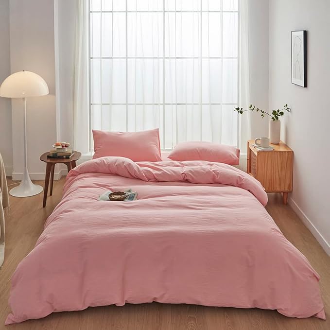 FACE TWO FACE Bedding Duvet Cover Set100% Washed Cotton Duvet Cover Linen Like Textured Breathable Durable Soft Comfy (Queen, Light Pink)