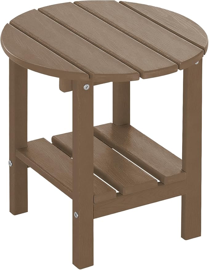 Outdoor Side Table Round - Patio Side Tables - HDPE Small Outdoor End Table for Backyard Pool Porch Balcony - Double Layer Storage - Light Brown (Wood Grain Finish)