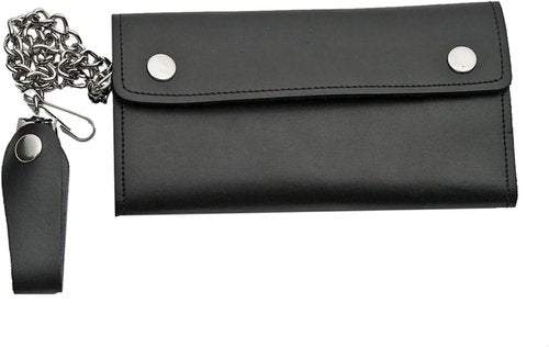 Bi-Fold Black Biker Wallet - 8x4 Inch Genuine Leather for Men