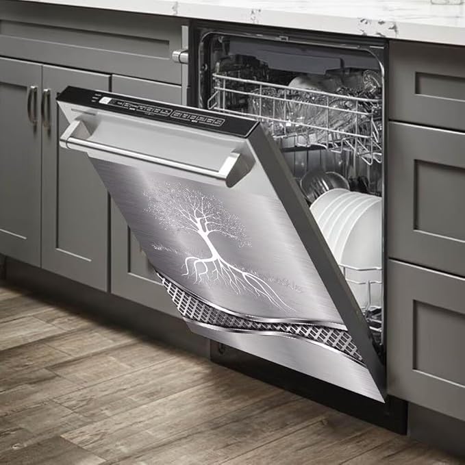 Stainless Steel Design Tree Wallpaper Dishwasher Magnetic Cover Sticker Refrigerator Door Panel Fridge Appliance Magnet Decal Sheet Kitchen Decor 23x17 inch