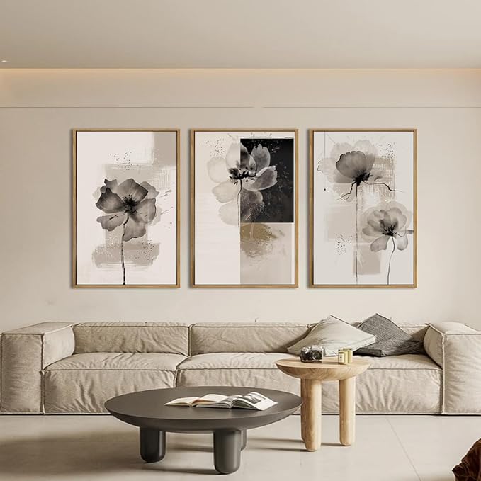 IARTTOP Large Framed Neutral Abstract Wall Art 24x36 Inch Oversized Modern Beige Gray Floral Canvas Wall Decor Minimalist White Flower Art Prints for Living room Bedroom Set of 3