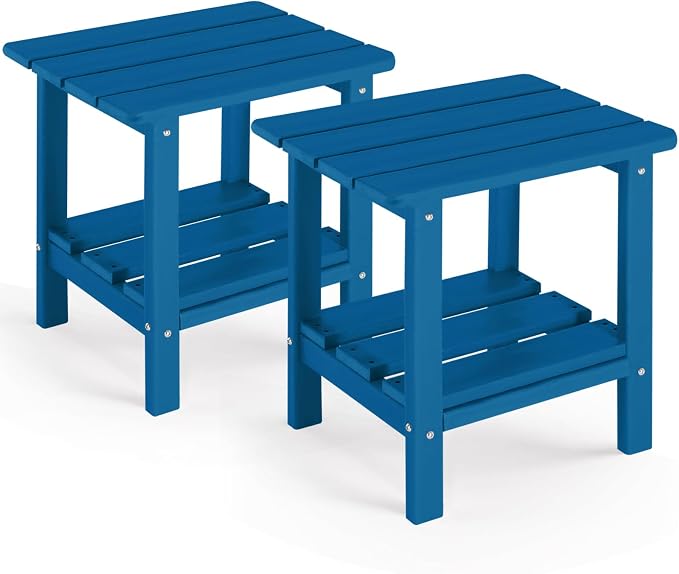 Set 2 Adirondack Outdoor Side Table, 2-Tier Small Patio End Table, Weather Resistant HDPE Outdoor End Tables for Garden, Lawn, Pool, Beach, Porch, Deck, Backyard - Square, Dark Blue