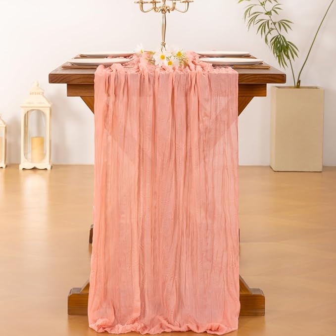 Socomi 6pcs Coral Peach Fall Thanksgiving Cheesecloth Table Runner Boho Rustic Gauze 120 inch 10FT Cheese Cloth Runner for Wedding Party Baby Shower Birthday Home Decor Holiday Decorations