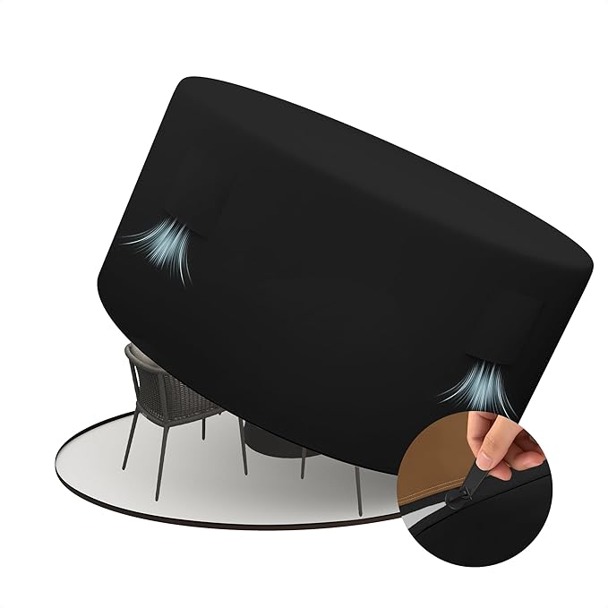 HDCAXKJ Round Patio Table Cover Waterproof Outdoor Dining Table and Chair Set Cover Heavy Duty Round Protector with Zipper Anti-Fading Cover for Outdoor Furniture (Black, 61"DIA x 39"H)