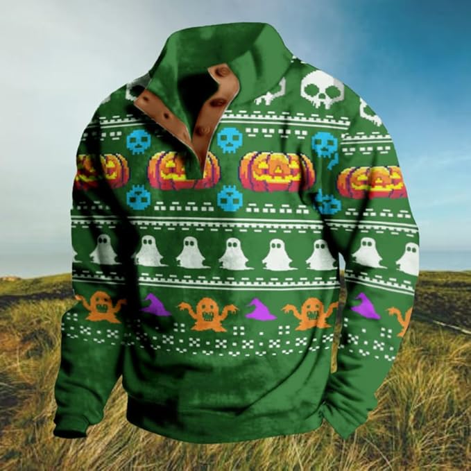 Mens Western Halloween Hoodie Button Up Henley Shirt Cowboys Sweatshirt Men Graphic Long Sleeve Pullover Tops