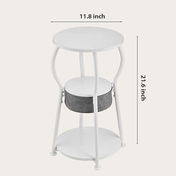 Small Round Side Table with Storage Bag, 3-Tier Accent Round End Table with Four Storage Functions for Living Room, 21.6" H Vintage Smalls Corner Table for Small Spaces Nightstand Bedroom