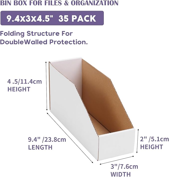 EXYGLO Cardboard Storage Bins 35 Pack, 9.4x3x4.5 Inch Cardboard Boxes, Corrugated Organizer Bins for Pantry, Shelves, Garage, Office, Shop, White