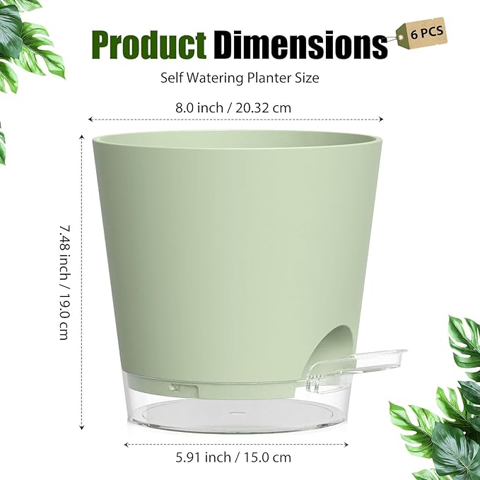 Plant Pots 8 Inch Self Watering Pots, 2 Pack Plastic Planters with Drainage Holes and Clear Saucers,Plastic Flower Pots for Indoor Out Door Plants (Green)