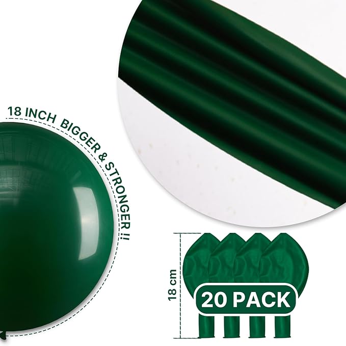 PartyWoo Dark Green Balloons 20pcs 18 Inch Emerald Hunter Forest Green Balloons for Wedding Boy Baby Shower Birthday Christmas Graduation Dinosaur Jungle Golf Theme Party Decorations Green-Y56