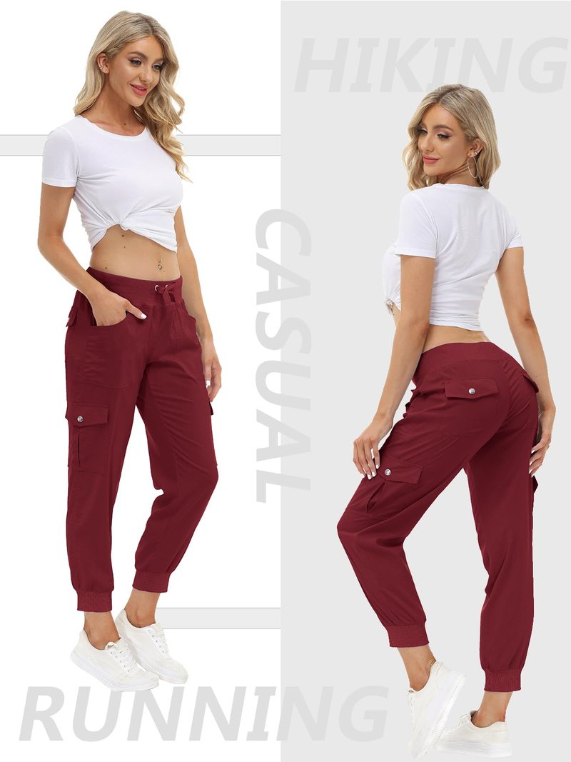 MoFiz Hiking Cargo Pants for Women with Pockets Lightweight Quick Dry Athletic Outdoor Summer Travel Casual Joggers Sweatpants Wine Red XL