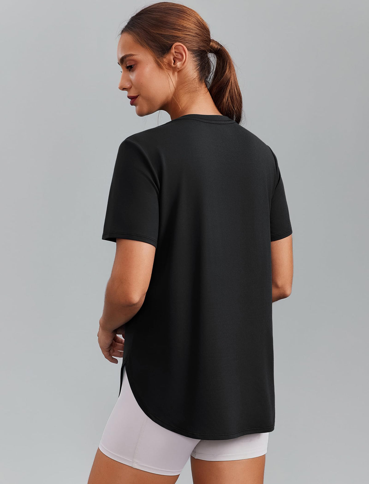 PINSPARK Workout Shirts Women Short Sleeve Gym Clothes UPF 50+ Athletic Tops Soft Exercise Running T-Shirt Activewear, Black XL