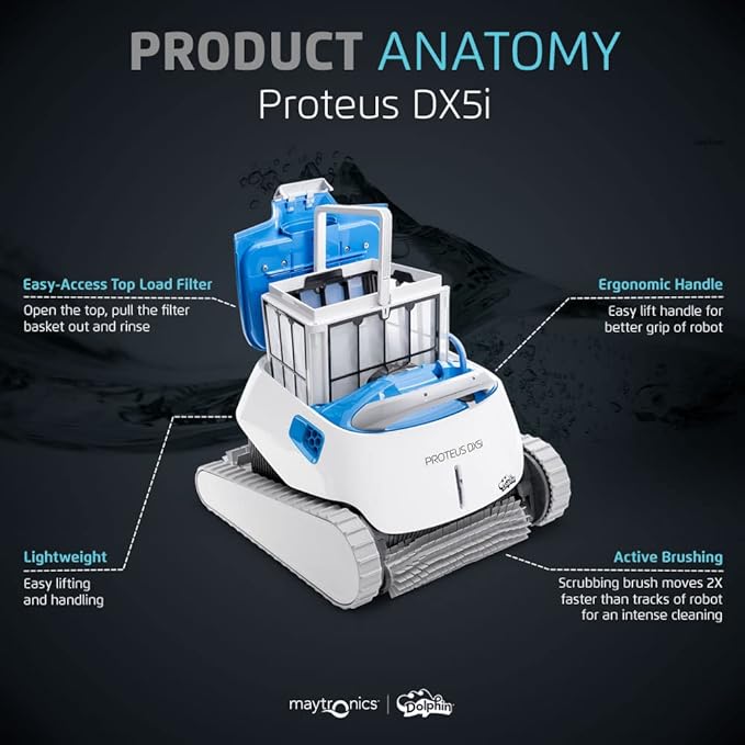 Dolphin Proteus DX5i Wi-Fi Automatic Robotic Pool Vacuum Cleaner, Wall Climbing, Waterline Scrubber Brush, Ideal for In-Ground Pool up to 50 FT in Length
