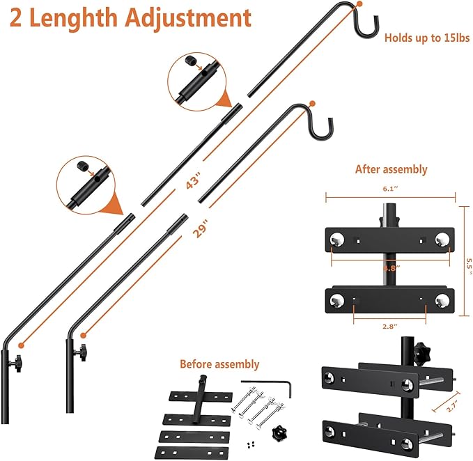 29-43 Inch Adjustable Deck Railing Hook – Heavy Duty Bird Feeder Hanger with Double Clamps, Rotating Shepherd Hook for Outdoor Plants, Lanterns & Wind Chimes