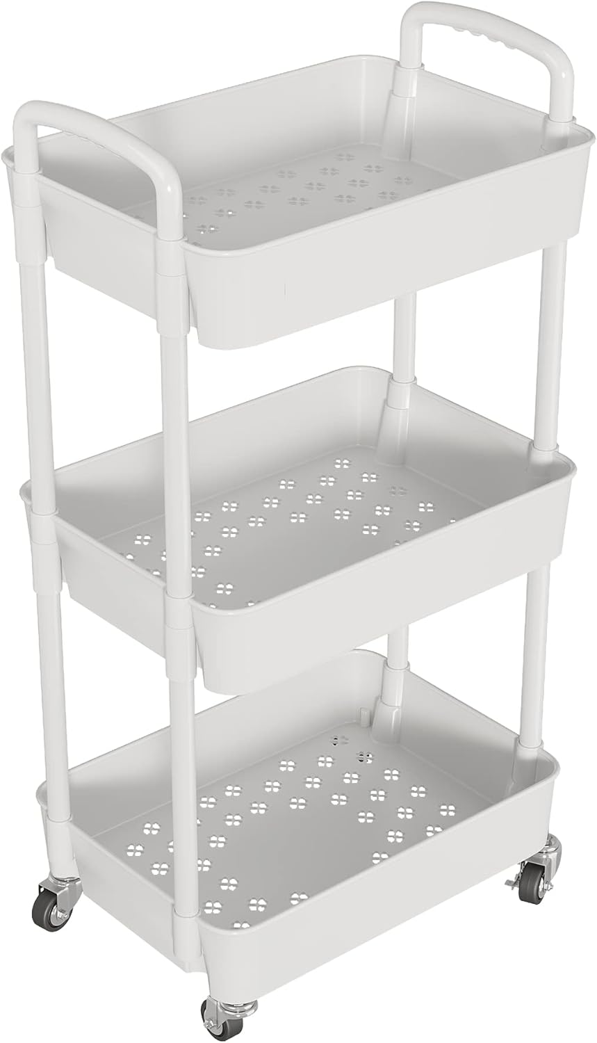 Laiensia 3-Tier Rolling Cart with Wheels,Multifunction Utility Storage carts, Kitchen Storage Organizer,Mobile Shelving Unit for Bathroom,Laundry,with Classified Stickers,White