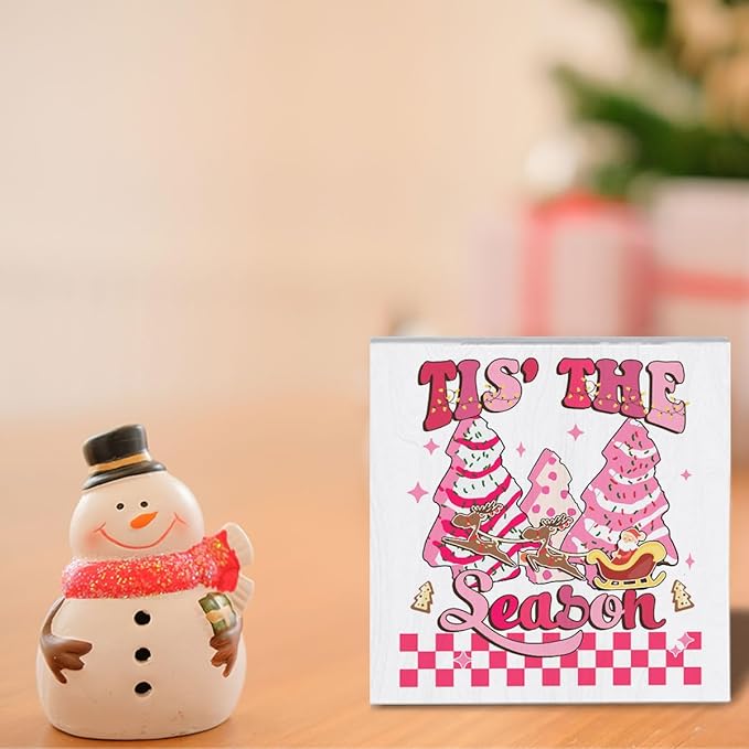 Pink Christmas Decorations for Home Tis the Season Sign Christmas Decor for Office Room Merry Xmas Decorations Table 5 x 5 Inches
