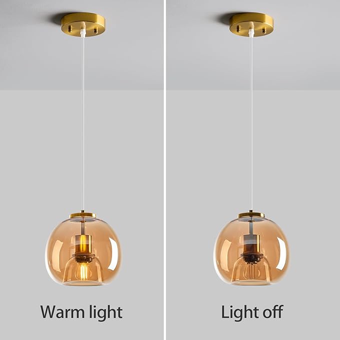 Amber Glass Pendant Lights Kitchen Island Gold Hanging Light Fixture Glass Globe Pendant Light Modern Pendant Lighting for Kitchen Island Bedroom Dining Room (7.87", 2 Pack)