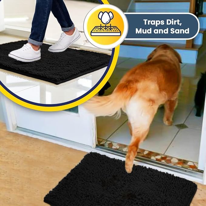 Muddy Mat® | Super Water Absorbent Door Mat Indoor, Microfiber Quick Dry Chenille Entryway Rug, Slip Resistant Front Door Mat, Indoor Mats for Entryway, Machine Washable Pet Rug, Black 24"x36"