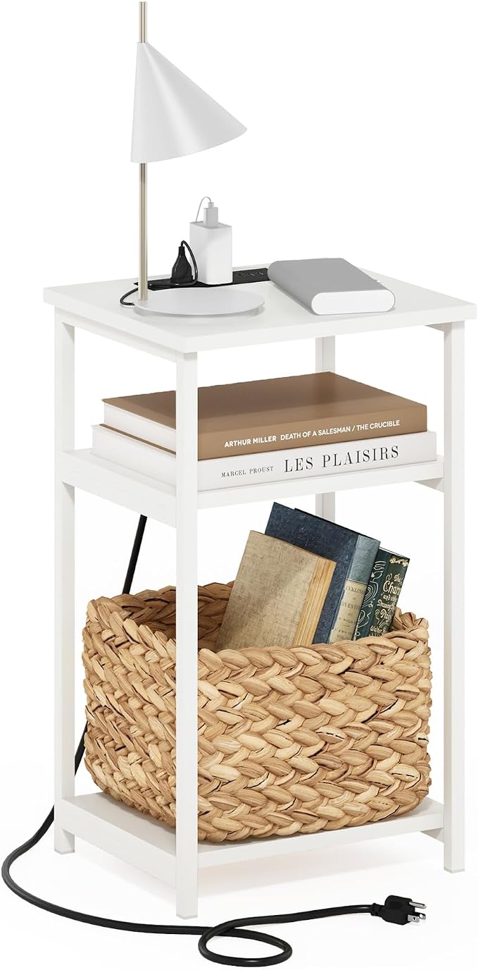 Furinno Moretti Side Table, 3-Tier Modern End Table with Charging Station, Metal Frame Night Stand, Bedside Table with USB and Type-C Port, for Living Room, Bedroom, White