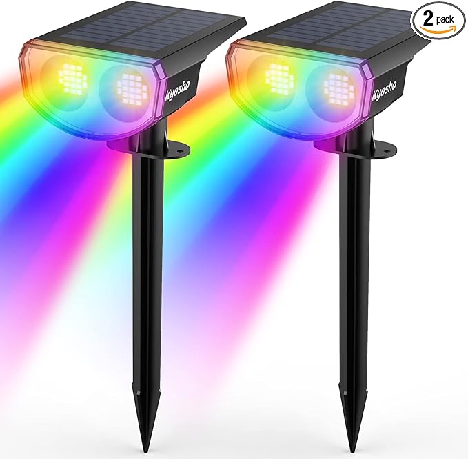 Kyosho 38 LEDs Solar Powered RGBW Outdoor Spotlights, 9 Lighting Modes Color Changing Waterproof Solar Lights, Multicolor Landscape Spotlight for Halloween Christmas Tree Pool Patio, 2 Pack
