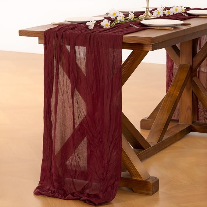 Socomi Burgundy Red Christmas Table Runner 10pcs Cheesecloth Boho Rustic Gauze 120 inch 10FT Cheese Cloth Runner for Wedding Party Baby Shower Birthday Home Decor Holiday Decorations