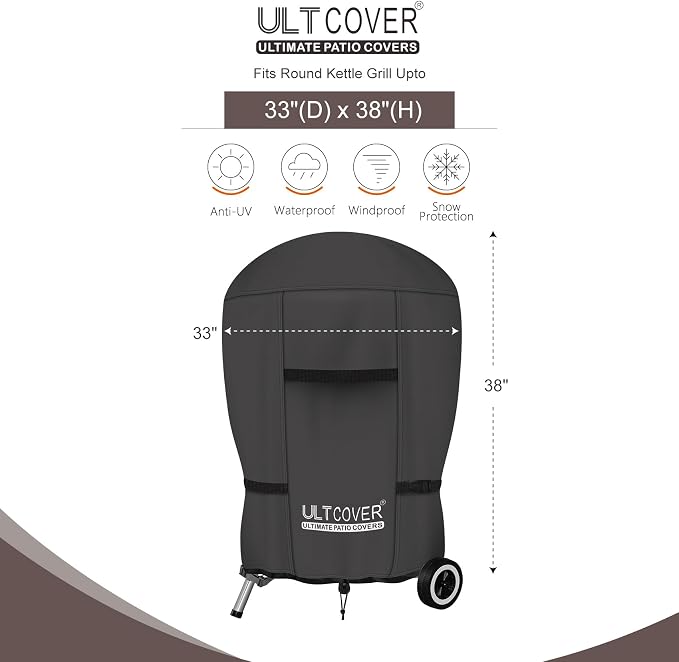 ULTCOVER Outdoor Waterproof Charcoal Kettle Grill Cover for Most 26 inch Round Smoker Size Up to 33” Dia x 38” H, Black