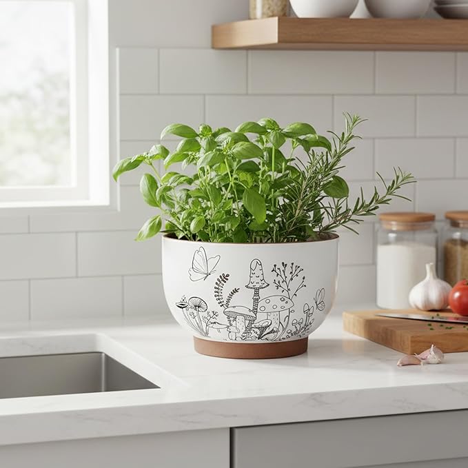 YBX 8 Inch & 6 Inch Terracotta Pots, Plant Pots, Flower Pots for Indoor Plants with Drainage, Planters with Mushroom Accent for Indoor Plants (Cottage)