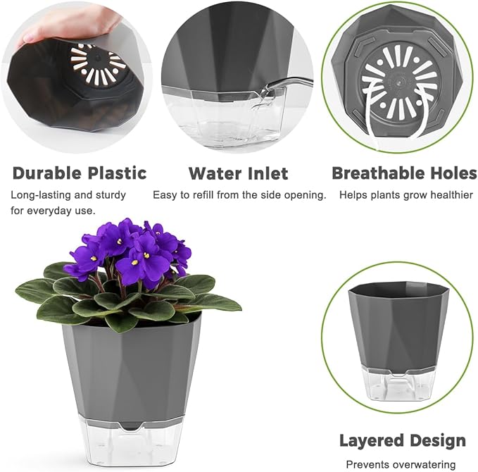 4 Pack Self Watering Pots for Indoor Plants, 10 Inches Self Watering Planters African Violet Pots Clear Pots for Herb Orchid Flower Houseplant, Dark Grey