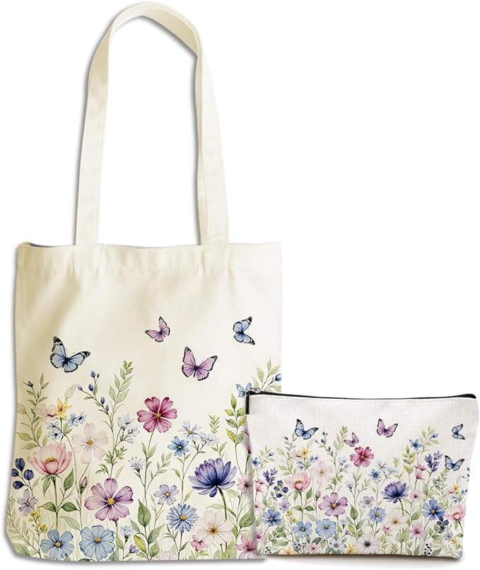Flower Plant Lover Gifts for Women Canvas Tote Bag with Makeup Bag Cosmetic Bags Grocery Bags for Shopping Christmas