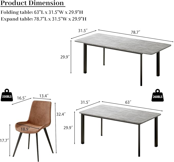 63"- 78.7" Extendable Dining Table with 6 Brown Dining Chairs, Modern Kitchen Table Set for 6, Thickened Expandable MDF Wooden Table with Metal Legs for Dining Room, Kitchen, Home