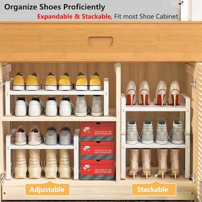 Bayou 1-Tier Expandable Shoe Rack, Adjustable Closet Shoe Storage Organizer, Heavy Duty Metal Shoe Shelf, Stackable Free Standing Shoe Rack for Small Space (H:7")