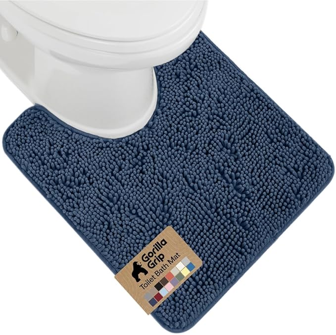 GORILLA GRIP Plush Absorbent Shaggy Chenille Bath Rug Mat for Oval Toilet Base with Rubber Backing, Machine Washable Rugs, Soft Microfiber Contour Mats for Toilets, Bathroom Decor, Navy Blu