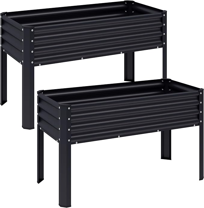 2Pcs Galvanized Raised Garden Bed with Legs, 48×24×32in Large Metal Elevated Raised Planter Box with Drainage Holes for Backyard, Patio, Balcony, 400lb Capacity,Black