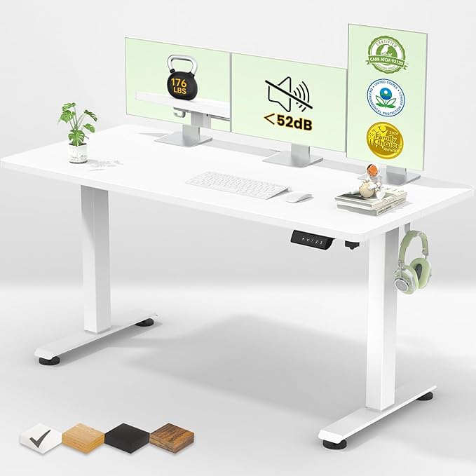 Veken 55 Inch Large Electric Standing Desk,Sit to Stand Up, Heights Adjustable, Work Home Office Computer Table for Study, Walking Pad, Writing, and Games, Wooden Desktop Desks, White