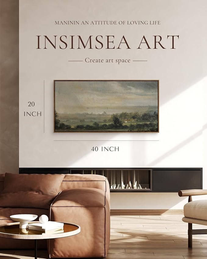 InSimSea Extra Large Framed Vintage Wall Art, Living Room Country Farmhouse Decor, Wild Field under Sky Landscape Paintings, Canvas Prints, Scenery Long Picture for Bedroom Above of Bed,20x40inch