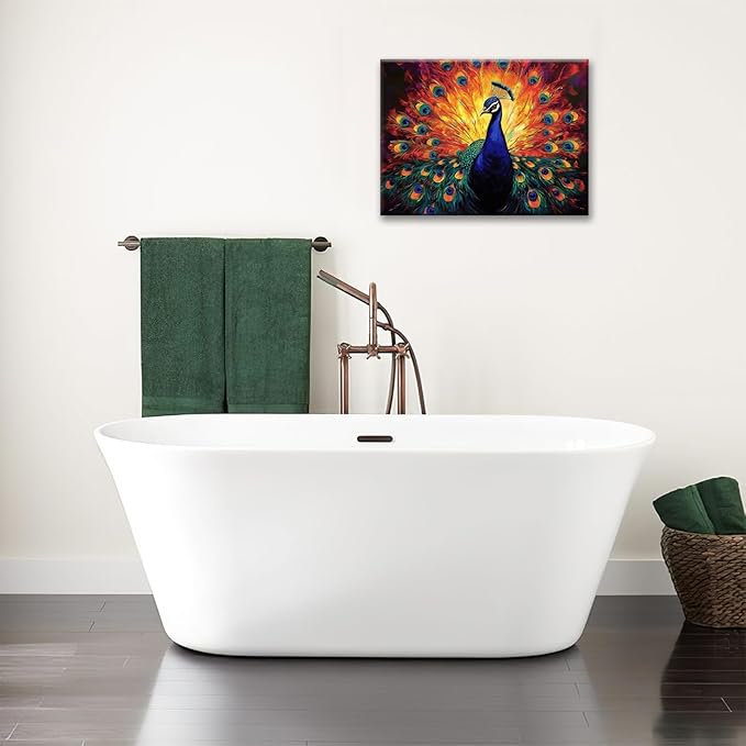 Peacock Wall Art, Elegance Peacock Pictures Wall Decor, Colorful Animal Canvas Prints Painting, Framed Artwork For Bathroom Living Room Office Bedroom Dining Room 16"X12"