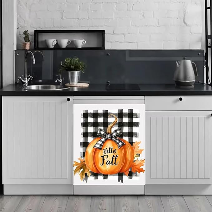 Generic Pumpkin Dishwasher Face Cover, Decorative Autumn Thanksgiving Harvest Buffalo Plaid Stickers, Simple Magnetic Dishwasher Sticker, Fridge Door Cover, 23Wx26H