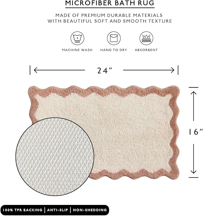 MONDAY MOOSE Bath Mat with Scalloped Wavy Ripple Design, Microfiber Absorbent Non Slip Tufted Rug for Floor, Shower or Kitchen (16x24 inch, Beige)