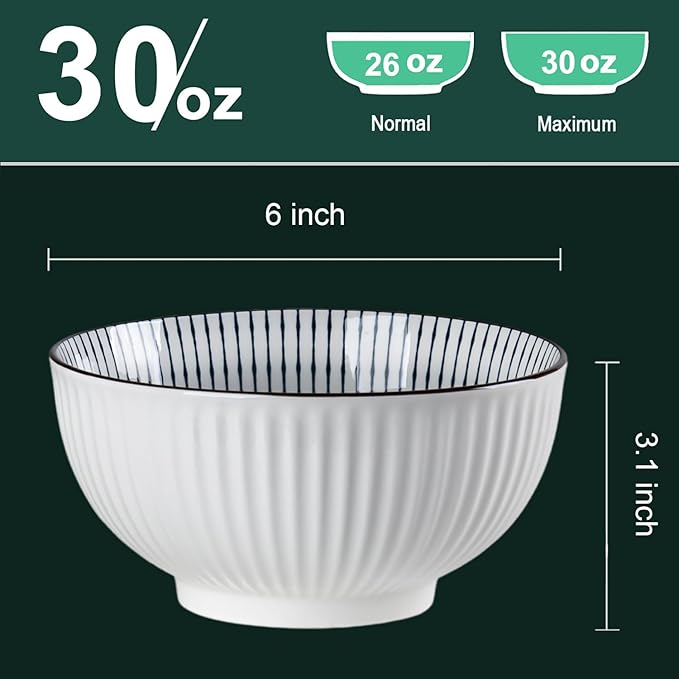 QINLANG 6 Inch Blue and White Porcelain 30 oz Bowls Set of 6 for Soup, Cereal, desserts, ice cream and Rice - Striped Pattern