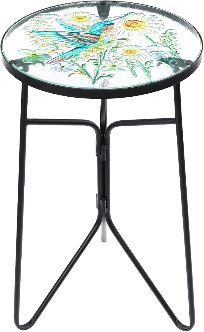 VCUTEKA Patio Side Table Outdoor Accent Table Bistro Coffee Table Plant End Table Small Porch Table Indoor Round Glass Balcony Plant Table Stands Golden Transparent Hummingbird 12 inches