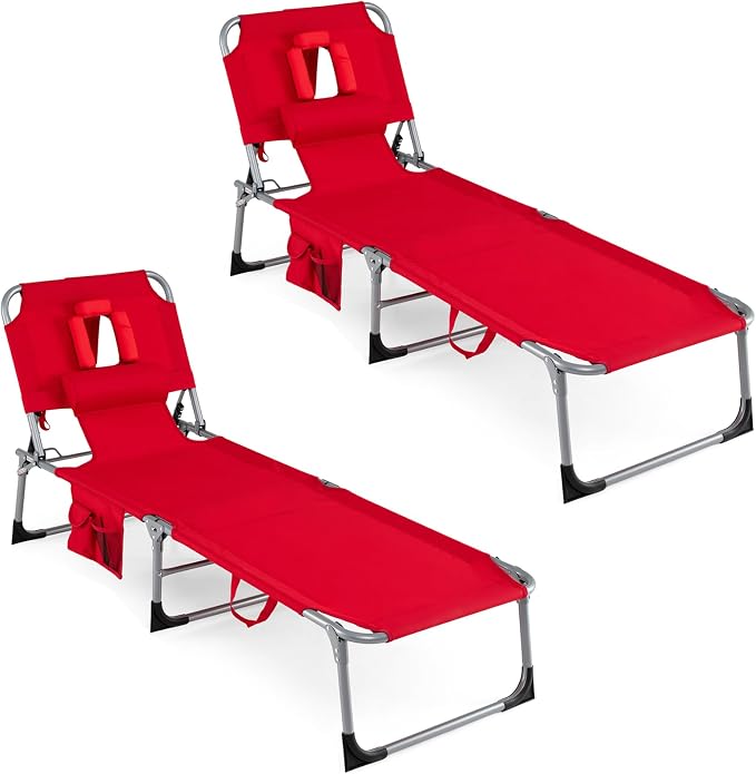 COSTWAY Tanning Chair with Face Hole, Folding Beach Lounge Chair with 4-Position Adjustable Backrest, Pillow & Side Pocket, Foldable Chaise Lounge Chair Outdoor for Sunbathing, Camping (2, Red)