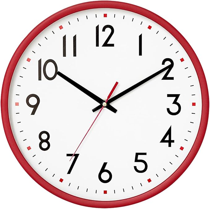 HZDHCLH Wall Clock Red, Silent Wall Clocks Battery Operated 12 Inch Modern Non