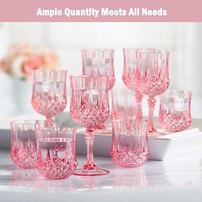 Plastic Wine Glasses，Plastic Goblets Vintage Style Cordial Drinking Glasses for Wedding Reception, Grand Event Party Supplies (24, Pink)