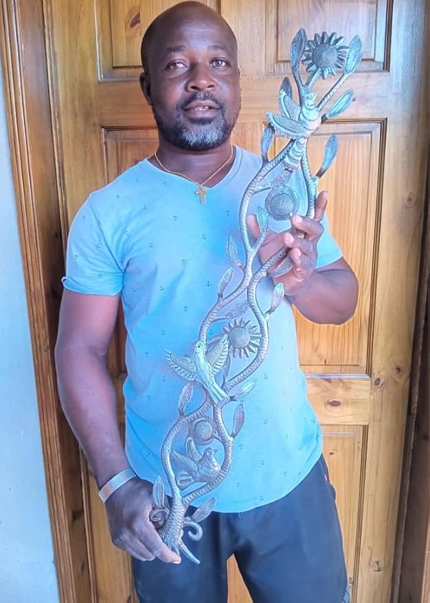 It's Cactus Metal Garden Art Sunflowers and Birds, Light Weight Steel Drum Haitian Decor, Home Wall Flower Plaque 5 X 33 Inches, Fair Trade (Sunflowers and Birds)