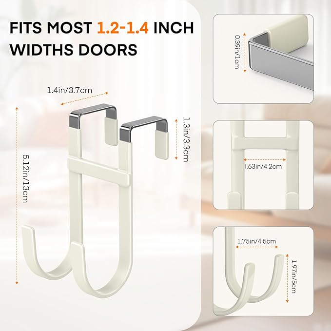 FYY Over The Door Hooks - 2 Pack Heavy Duty Dual-Hook Organizer Hanger with Non-Slip Rubber for Towels, Clothes, Hats & Bags Use in Bathroom, Bedroom, Kitchen - Fits Interior Doors Up to 1 3/8" Beige