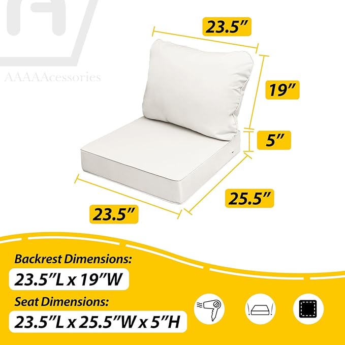 AAAAAcessories Outdoor Seat Cushions for Chairs, Fade-Resistant, Waterproof Patio Furniture Replacement Cushions, 23.5" x 25.5" x 5" + 23.5" x 19", Creamy White