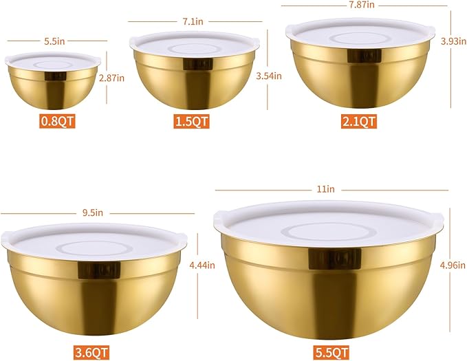 5 Piece Gold Mixing Bowls with Lids for Kitchen, Stainless Steel Mixing Bowls Set Ideal for Baking, Prepping, Cooking and Serving Food, Nesting Metal Mixing Bowls for Space Saving Storage, 1