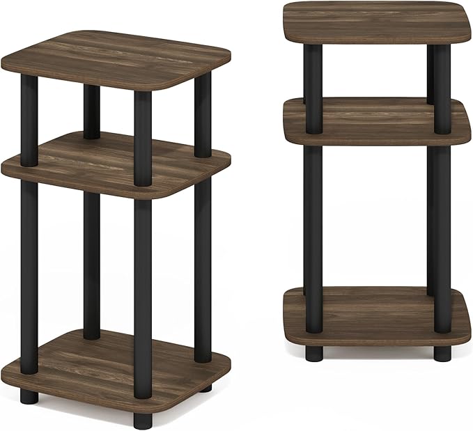 Furinno JUST Side Table Set of 2, 3-Tier Turn-N-Tube End Table with Open Shelf, Round Curve Corner Night Stand, Bedside Table, Easy Assembly, for Living Room, Bedroom, Columbia Walnut